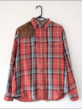 Polo Ralph Lauren Suede Patch Plaid Flannel Workwear Americana Ranch ~ Size L